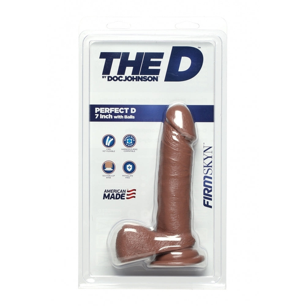 Doc Johnson D Perfect D FIRMSKYN 7-inch dildo with textured balls in a caramel color.