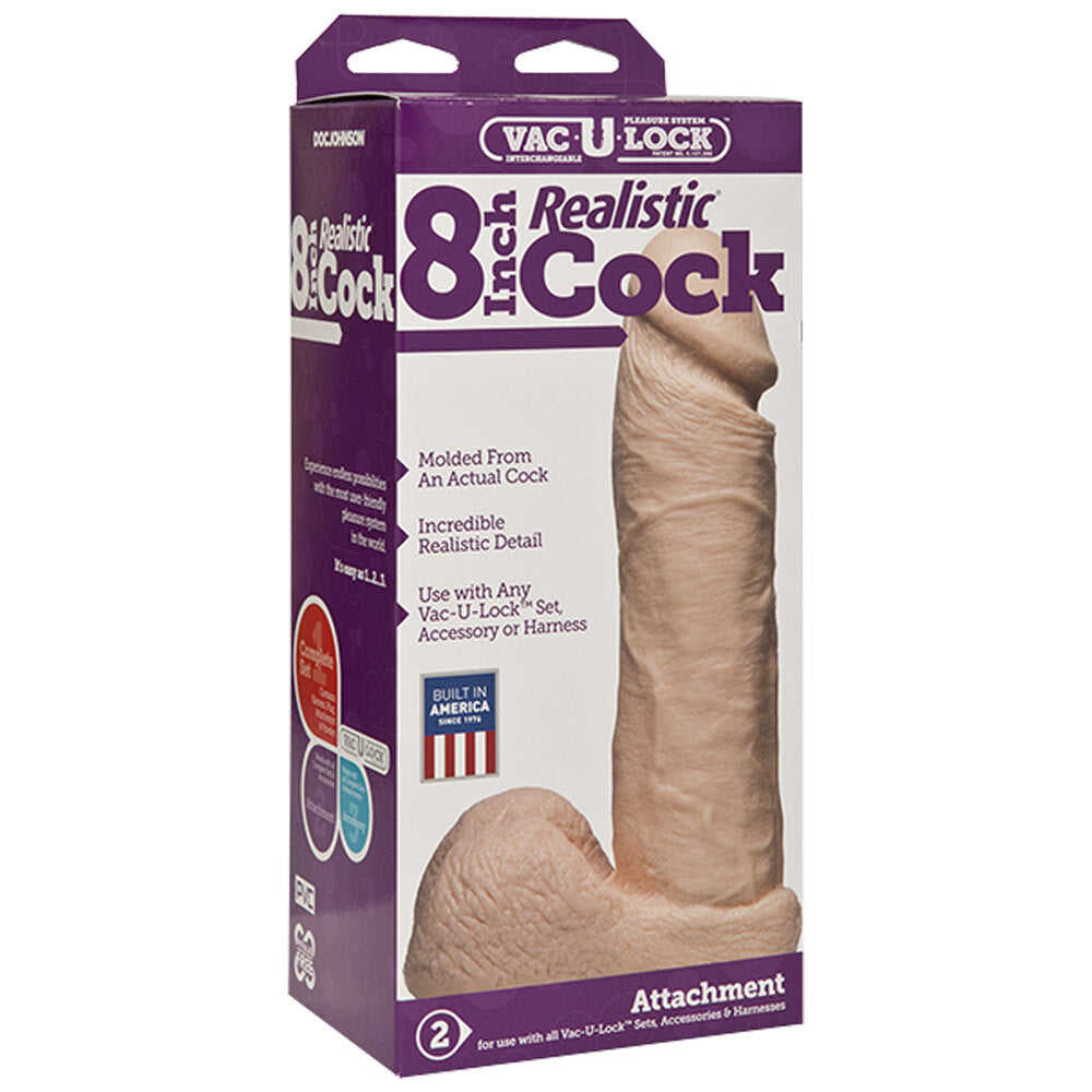 Doc Johnson VacULock 8-inch realistic penis accessory in flesh pink color, showcasing lifelike details and texture.