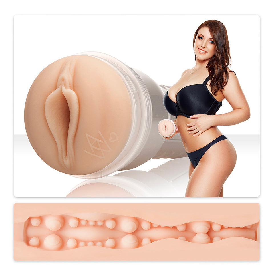 Angela White Indulge Fleshlight, a realistic male masturbator with textured interior for enhanced pleasure.
