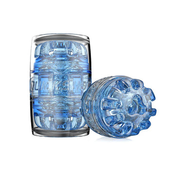 Fleshlight Quickshot Turbo Blue Ice, a compact male masturbator with a transparent blue sleeve and textured interior.
