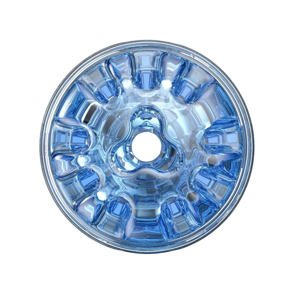 Fleshlight Quickshot Turbo Blue Ice with a transparent design and textured inner sleeve for enhanced pleasure.