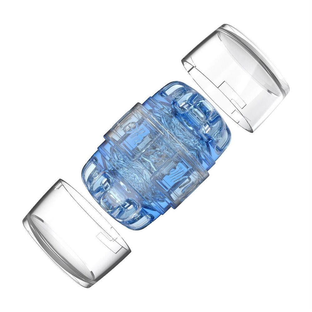 Fleshlight Quickshot Turbo Blue Ice, a compact male masturbator with a clear, textured sleeve and blue accents.