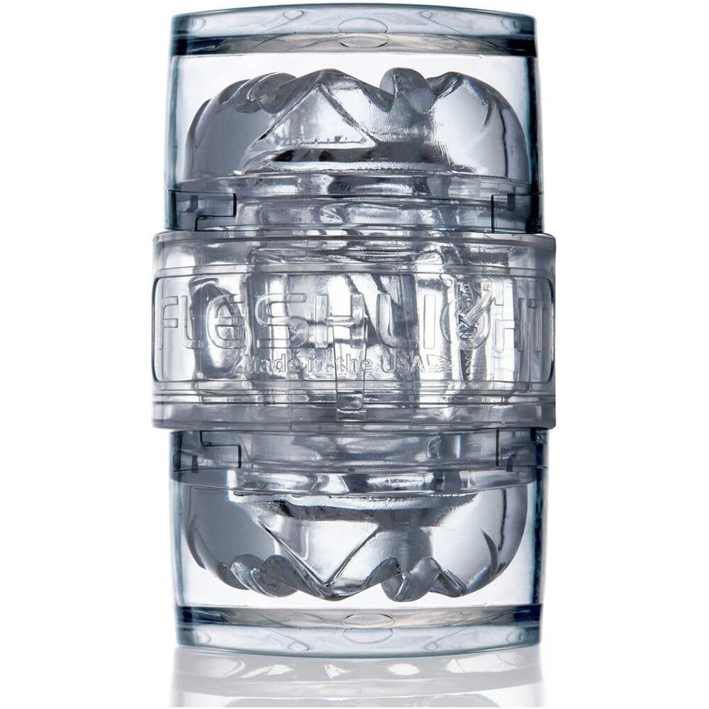 Clear Fleshlight Quickshot Vantage, showcasing compact design and textured inner sleeve for enhanced pleasure.