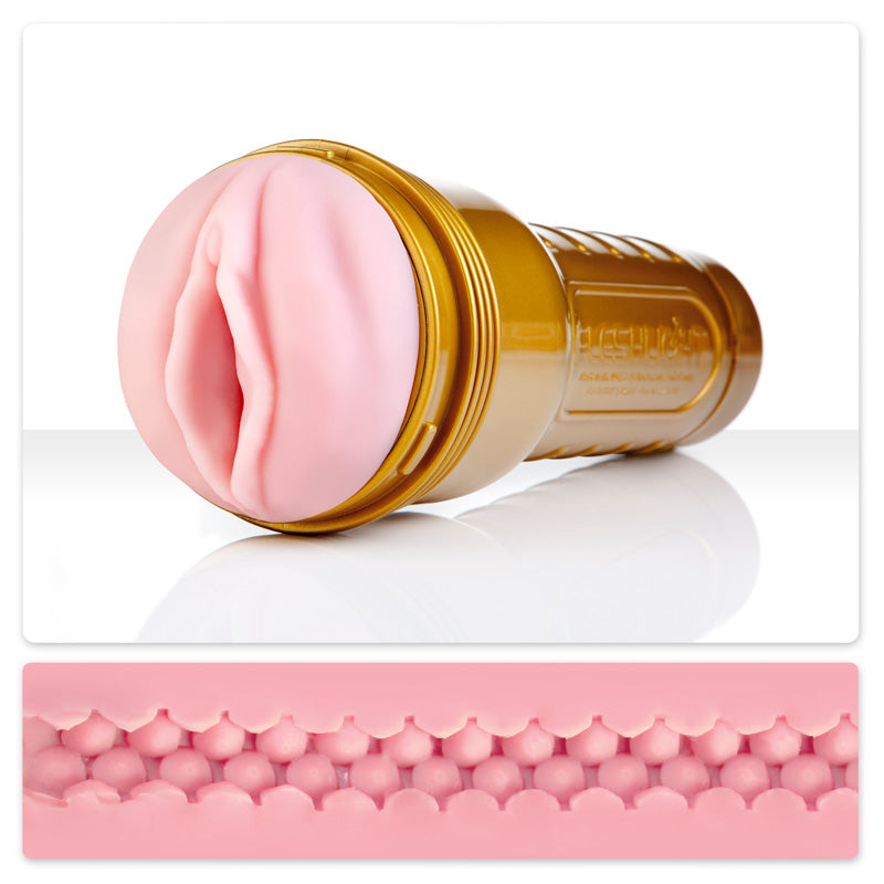 Fleshlight STU Rosa vagina masturbator, featuring a realistic texture and sleek design for enhanced stimulation.