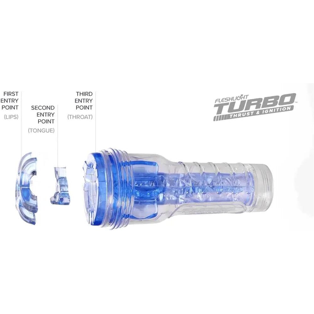 Fleshlight Turbo Thrust in blue, showcasing its textured interior and realistic design for enhanced pleasure.