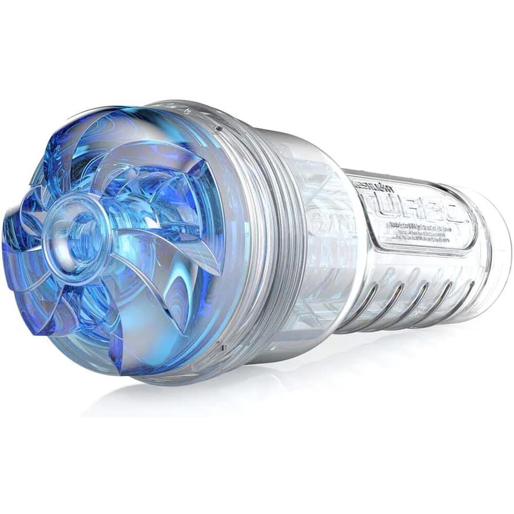 Fleshlight Turbo Thrust in blue, showcasing textured interior and sleek design for enhanced pleasure experience.