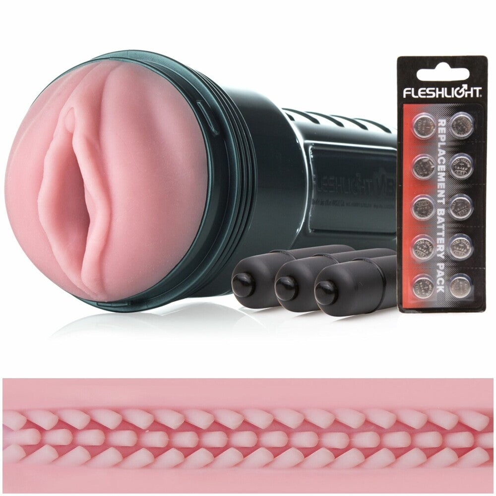 Fleshlight Vibro Pink Lady Touch masturbator with textured interior, showcasing its realistic design and soft exterior.