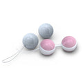 Lelo Luna Mini Kegel Balls in pink and blue, showcasing the smooth silicone surface and ergonomic design.