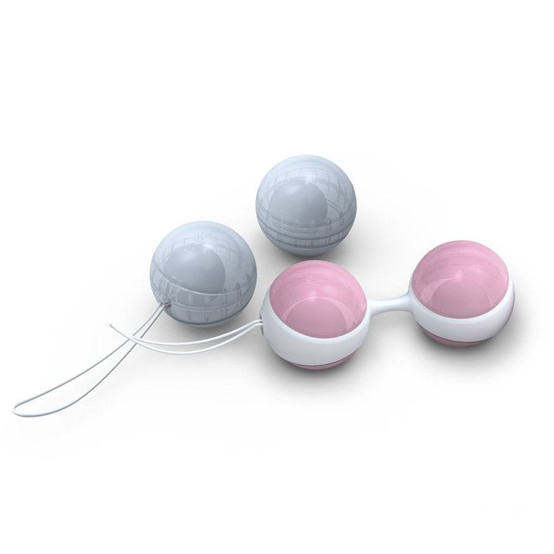 Lelo Luna Mini Kegel Balls in pink and blue, showcasing the smooth silicone surface and ergonomic design.