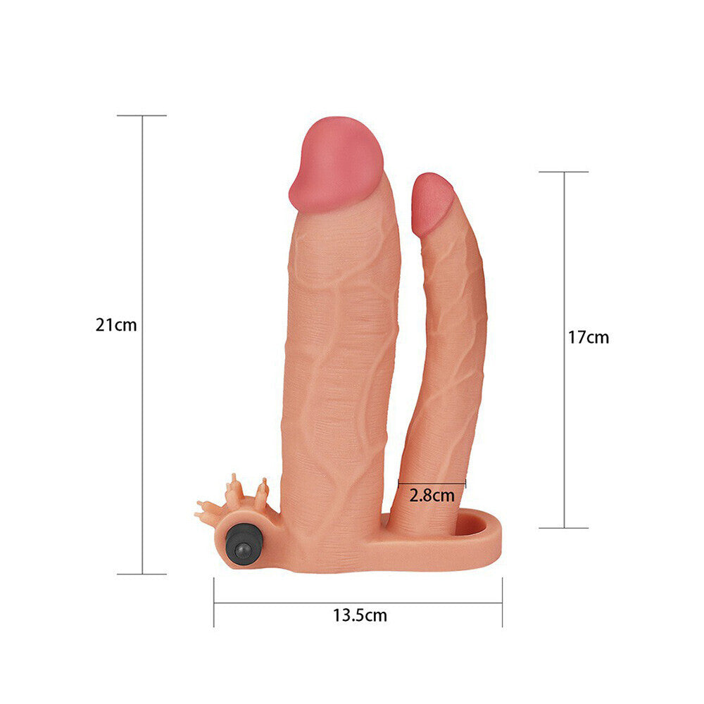 Lovetoy 3-inch vibrating double extender in flesh pink with realistic texture and detailed design.