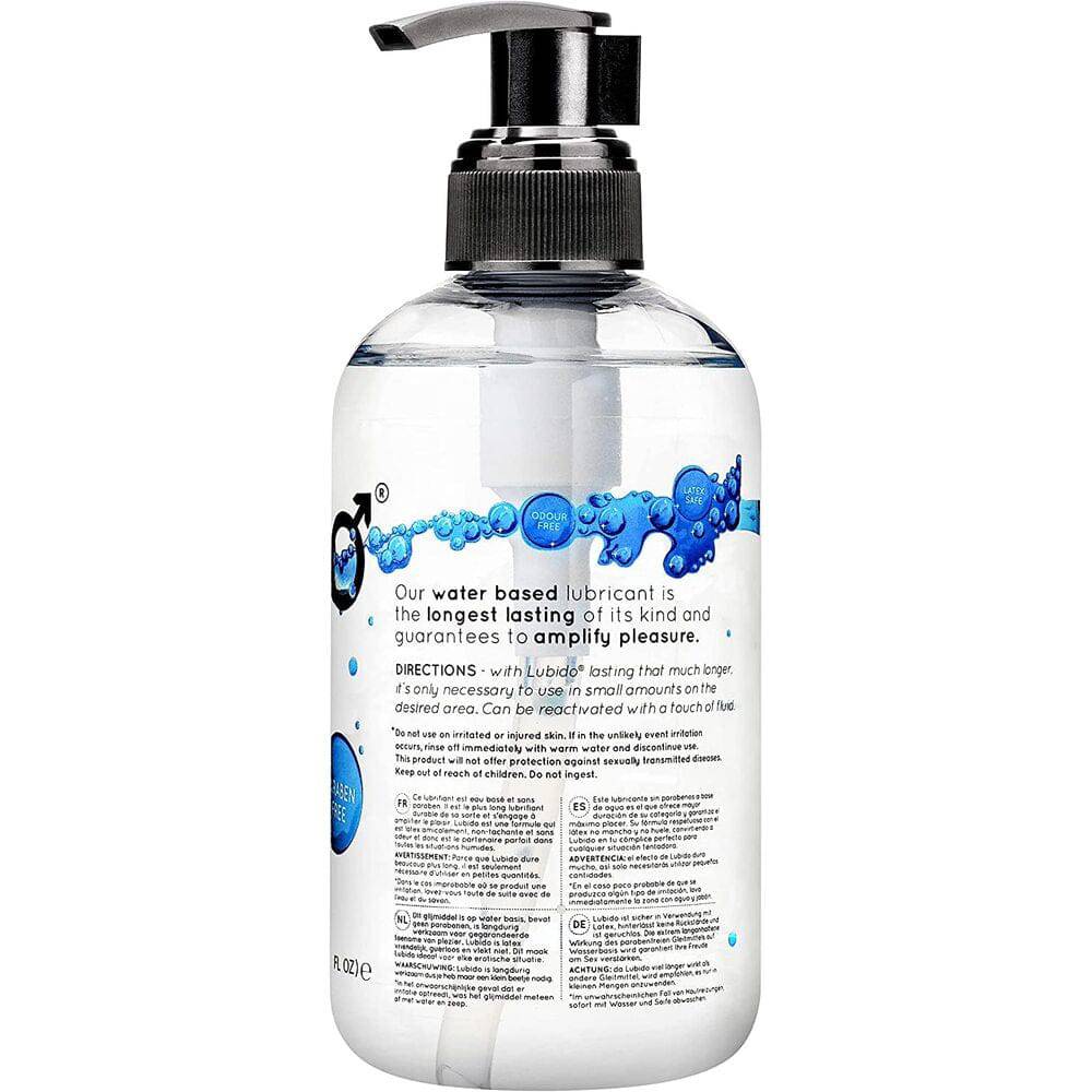 Lubido 250ml water-based lubricant bottle, paraben-free, with a sleek design and easy-to-use pump dispenser.