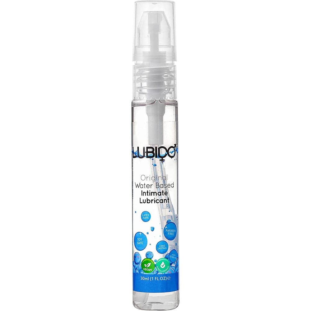 Lubido 30ml water-based lubricant in a clear bottle with a pump top, featuring a minimalist design.