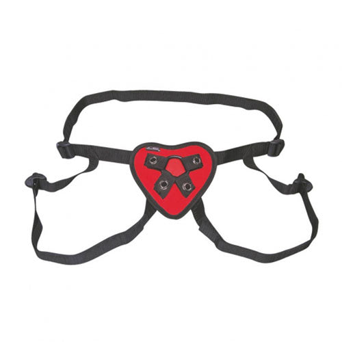 Lux Fetish red heart strap-on with adjustable straps and soft material for comfortable wear.