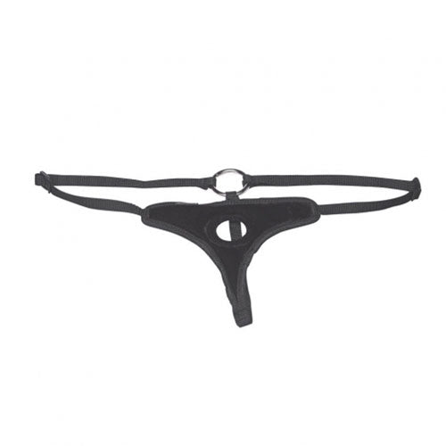 Lux Fetish velvet bikini strap-on harness in black, featuring adjustable straps and soft fabric for comfortable wear.