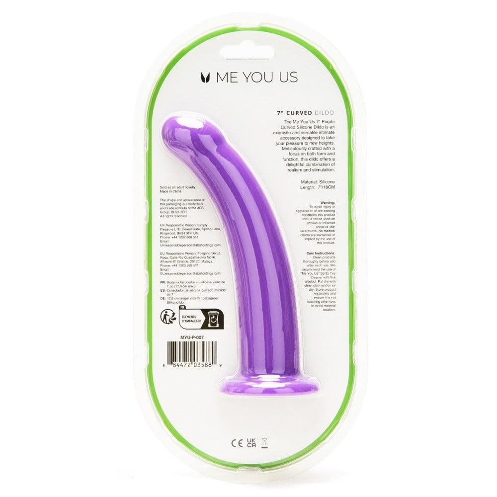 Me You Us 7-inch curved silicone dildo in vibrant color with a smooth texture and ergonomic design.