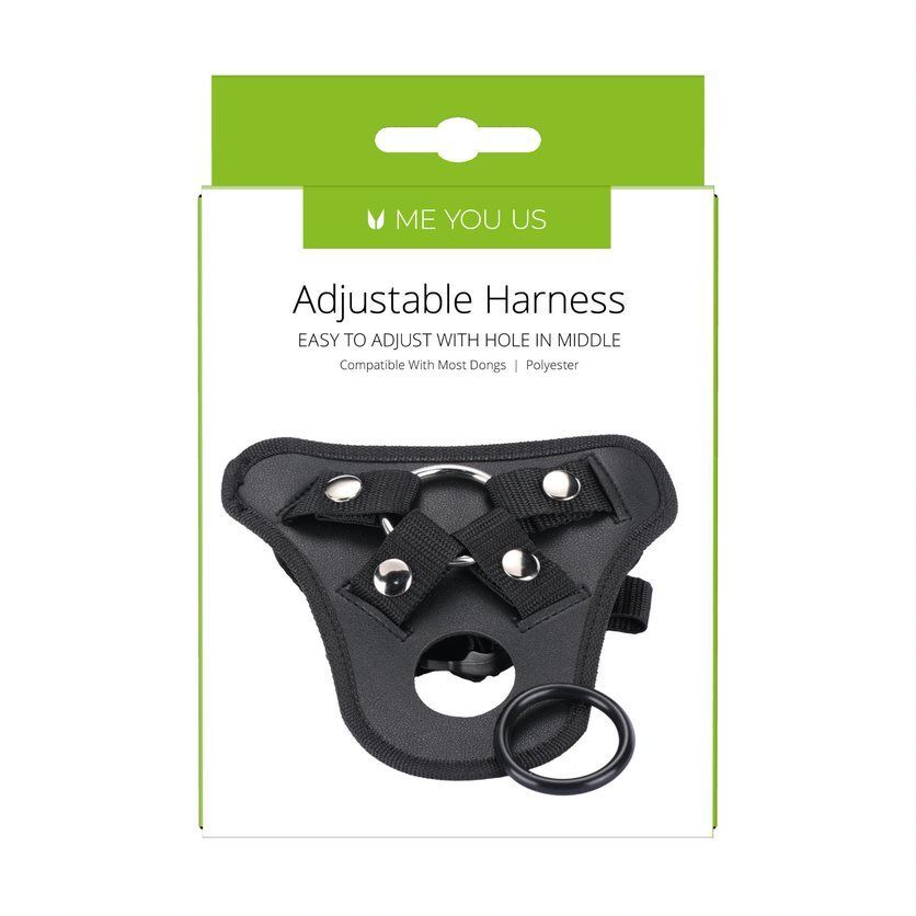 Black adjustable harness by Me You Us, featuring durable fabric and a sleek design suitable for pets.