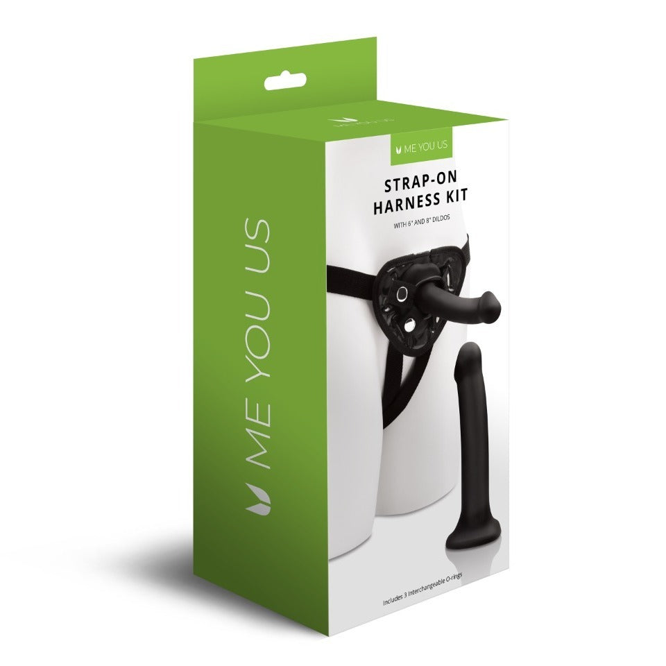 Me You Us strap-on harness kit featuring 6 and 8-inch dildos in various colors and designs.