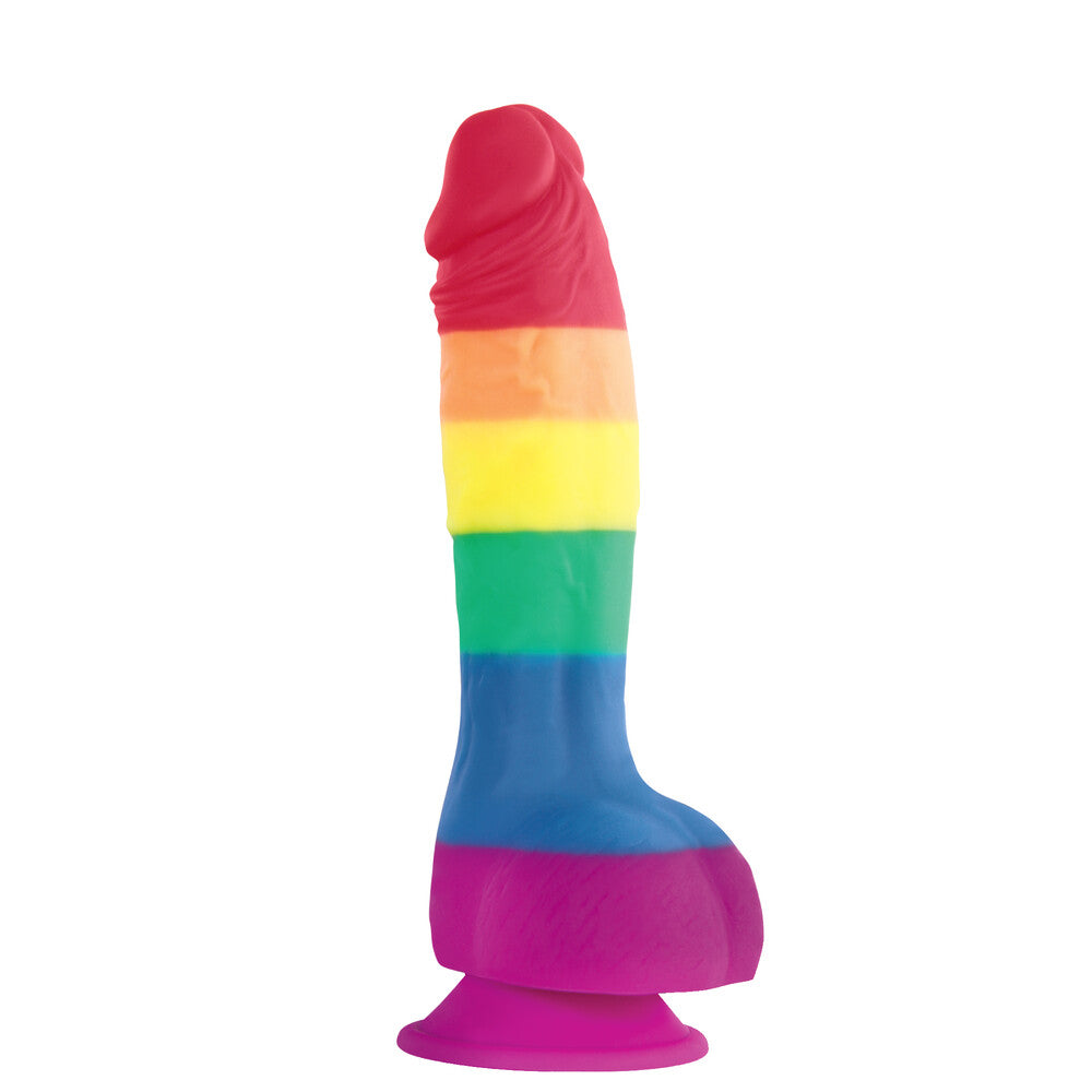 NS Novelties Colours Pride Edition silicone dildo with realistic design and textured balls in vibrant colors.