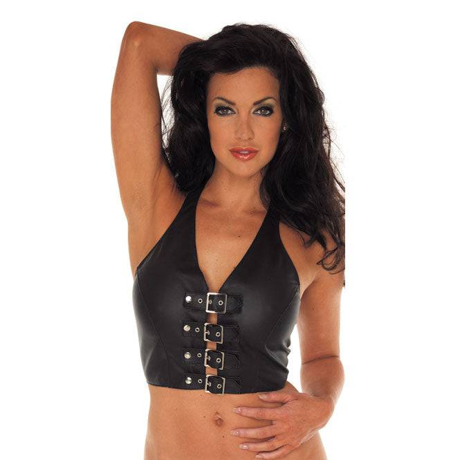 Rimba halterneck leather top showcasing a sleek design with adjustable straps and a fitted silhouette.