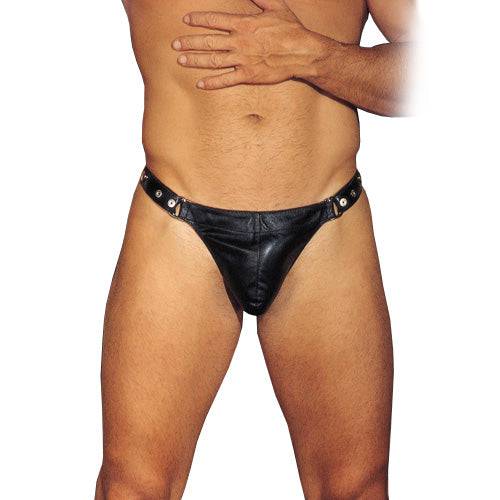 Rimba men's leather G-string featuring sleek design and adjustable fit for comfort.