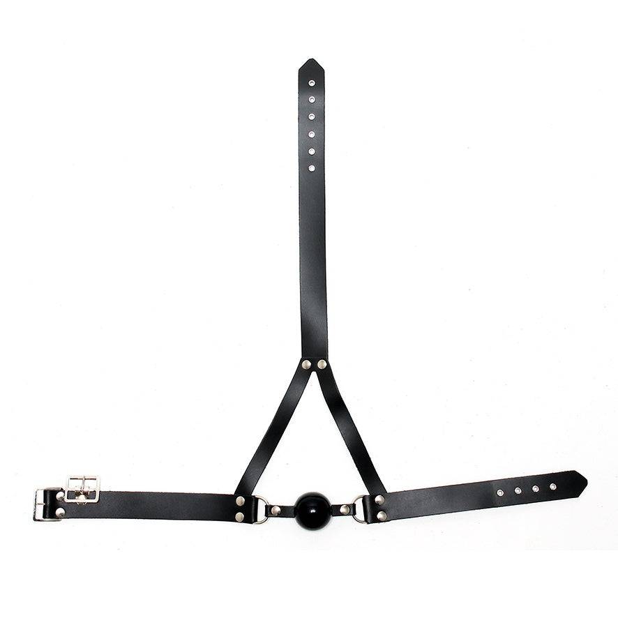 Rimba leather ball gag and head harness set, featuring adjustable straps and a sleek design for comfort and style.