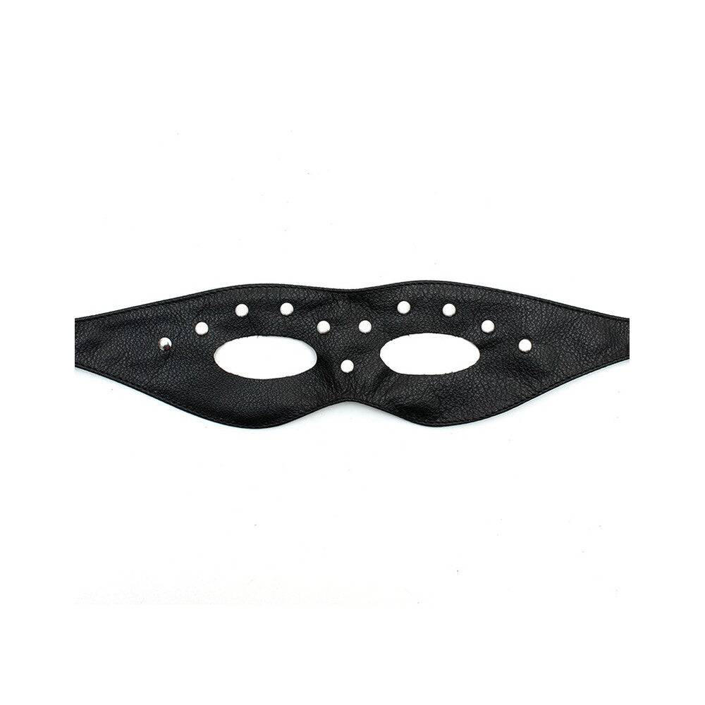 Rimba leather eye mask with open eye design and studs, showcasing a sleek and edgy style for costume or cosplay.