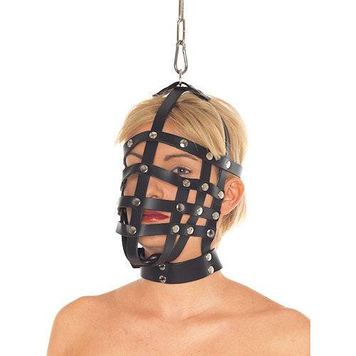 Rimba leather nose mask with adjustable straps, featuring intricate stitching and a sleek black design.
