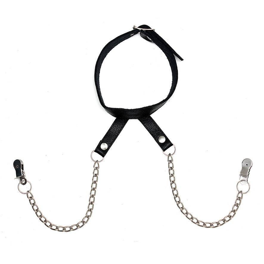 Rimba nipple clamps with neck collar, featuring adjustable chains and a sleek design for enhanced sensation.
