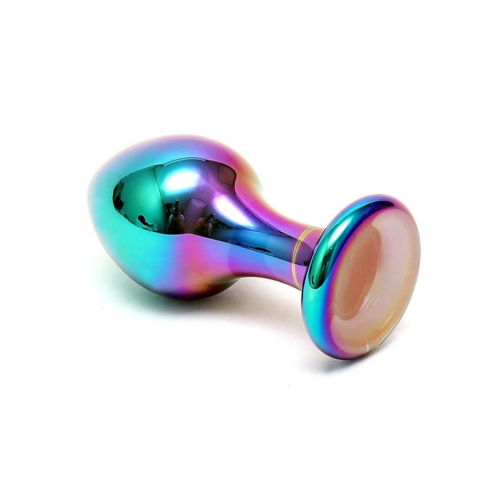 Rimba Melany multi-colored glass anal dildo with smooth curves and a shiny finish, showcasing elegant design and craftsmanship.