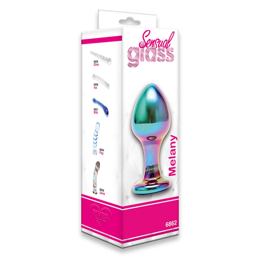 Rimba Melany anal dildo in multicolored glass, showcasing its sleek design and smooth curves.