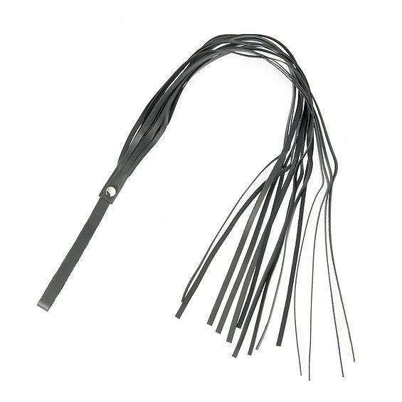 Rimba leather floppy whip with a textured handle and long, flexible tail for versatile play.