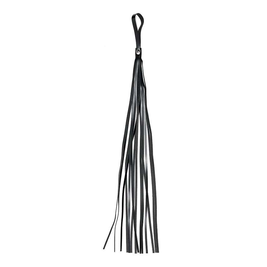 Rimba leather floppy whip with a textured handle and long, flexible tail for versatile play.