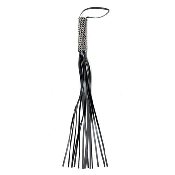 Rimba leather whip with chain, featuring a sturdy handle and intricate detailing, ideal for creative play.