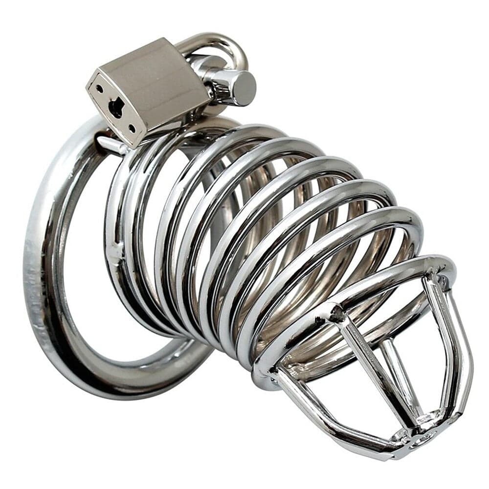 Rimba chrome chastity cock cage with sleek design and secure locking mechanism, displayed on a neutral background.