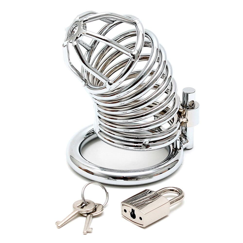Rimba chrome chastity cock cage with intricate design and secure locking mechanism, showcased on a neutral background.