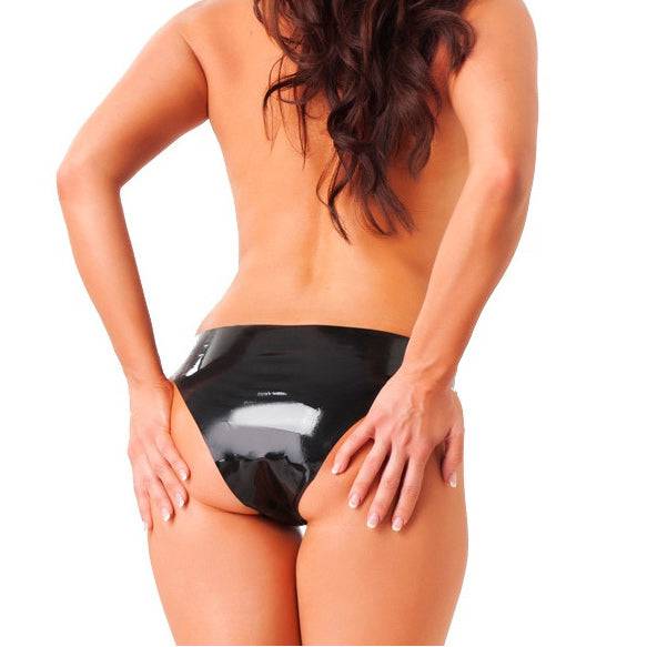 Rimba Rubber Secrets Panty in black, showcasing a sleek, form-fitting design with glossy finish and delicate detailing.