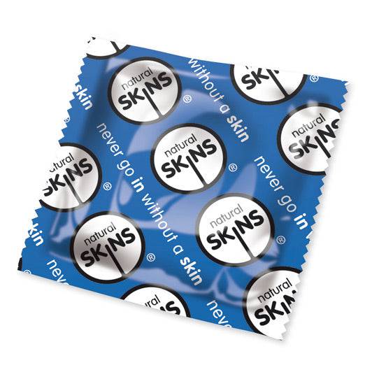 Skins Condoms Natural x50 pack in blue, showcasing sleek packaging design and product details.