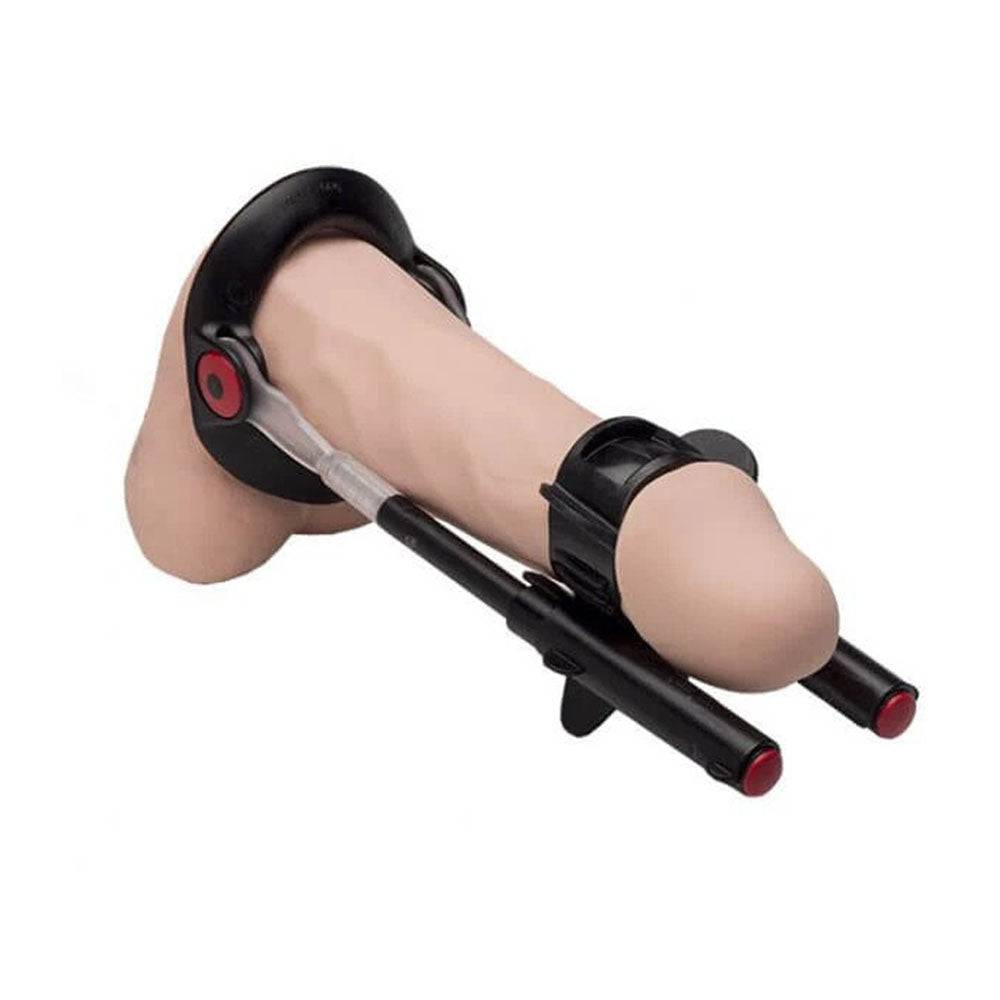 Male Edge Pro penis extender device shown with adjustable straps and ergonomic design for effective use.