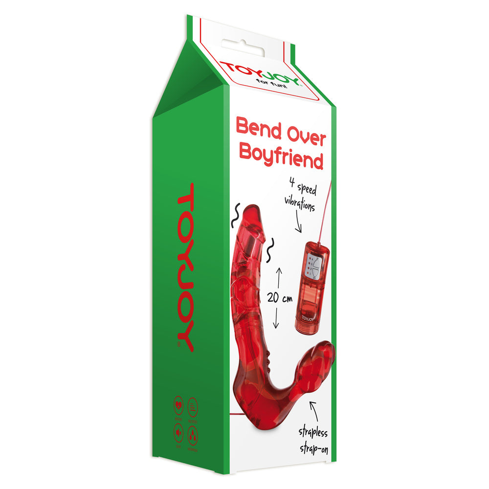 ToyJoy Bend Over Boyfriend strapless strap-on in vibrant red, featuring a realistic design and smooth finish.