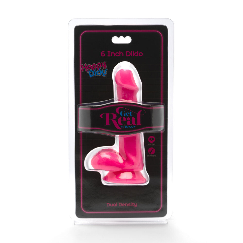 ToyJoy Happy Dicks dildo with balls, 6 inches, featuring a realistic design and textured surface for enhanced pleasure.