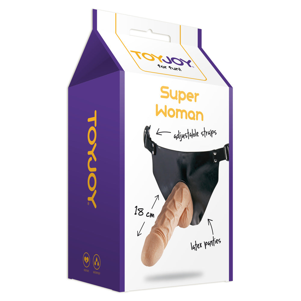 ToyJoy Super Woman strap-on dildo with realistic design and vibrant colors, featuring adjustable straps for a secure fit.
