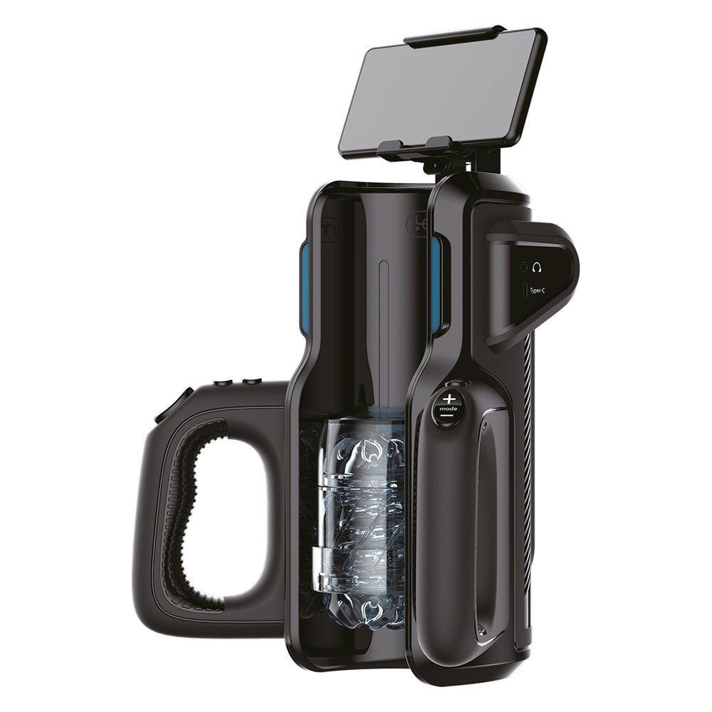 Leten Super Thrusting Masturbator with phone holder, showcasing sleek design and adjustable features for enhanced pleasure.