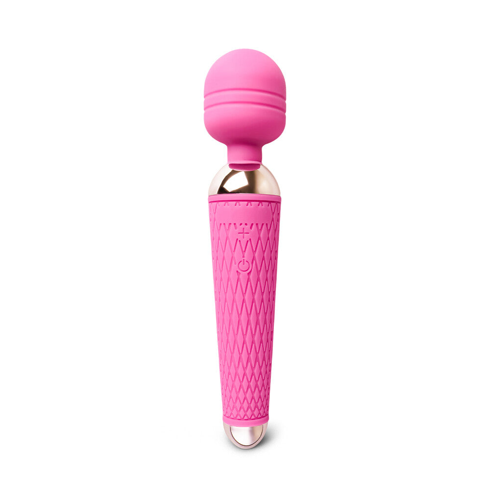 Pink rechargeable wand with 10 speeds from Various Toy Brands, showcasing a sleek design and ergonomic handle.