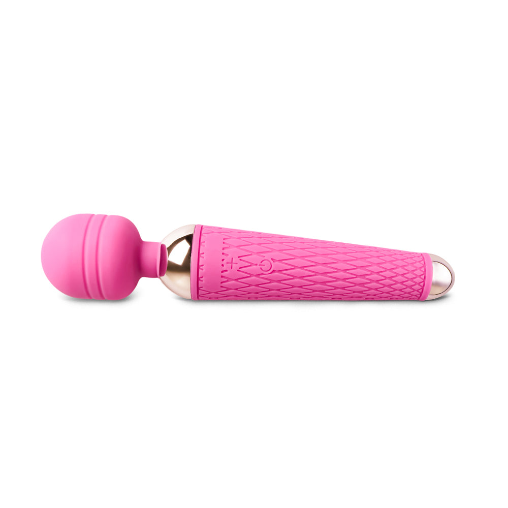 Pink rechargeable wand with 10 speeds from Various Toy Brands, showcasing a sleek design and ergonomic handle.