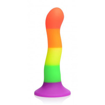 XR Brands Proud Rainbow silicone dildo with strap, featuring vibrant colors and a realistic design for enhanced pleasure.