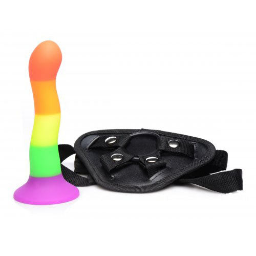 XR Brands Proud Rainbow silicone dildo with harness, showcasing vibrant colors and smooth texture on a white background.